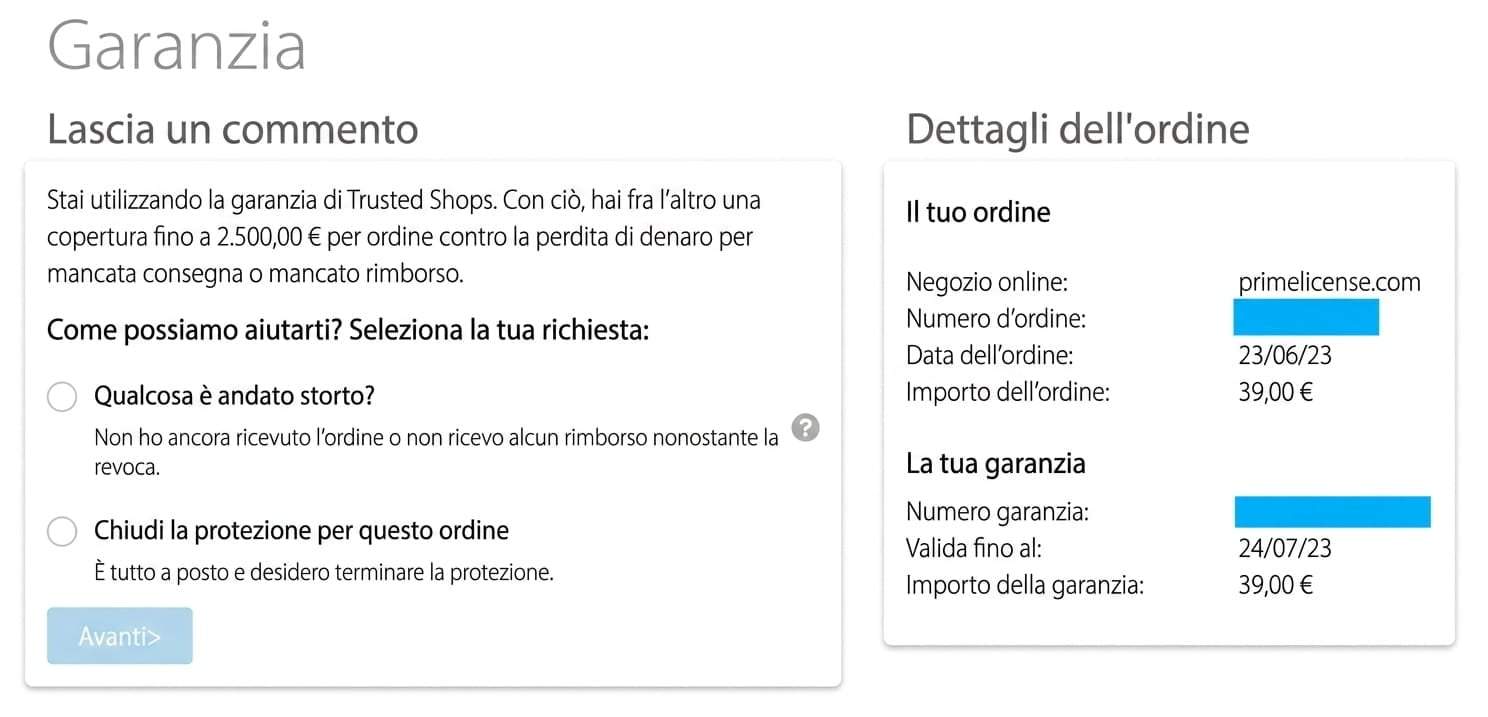 Garanzia Trusted Shops su PrimeLicense